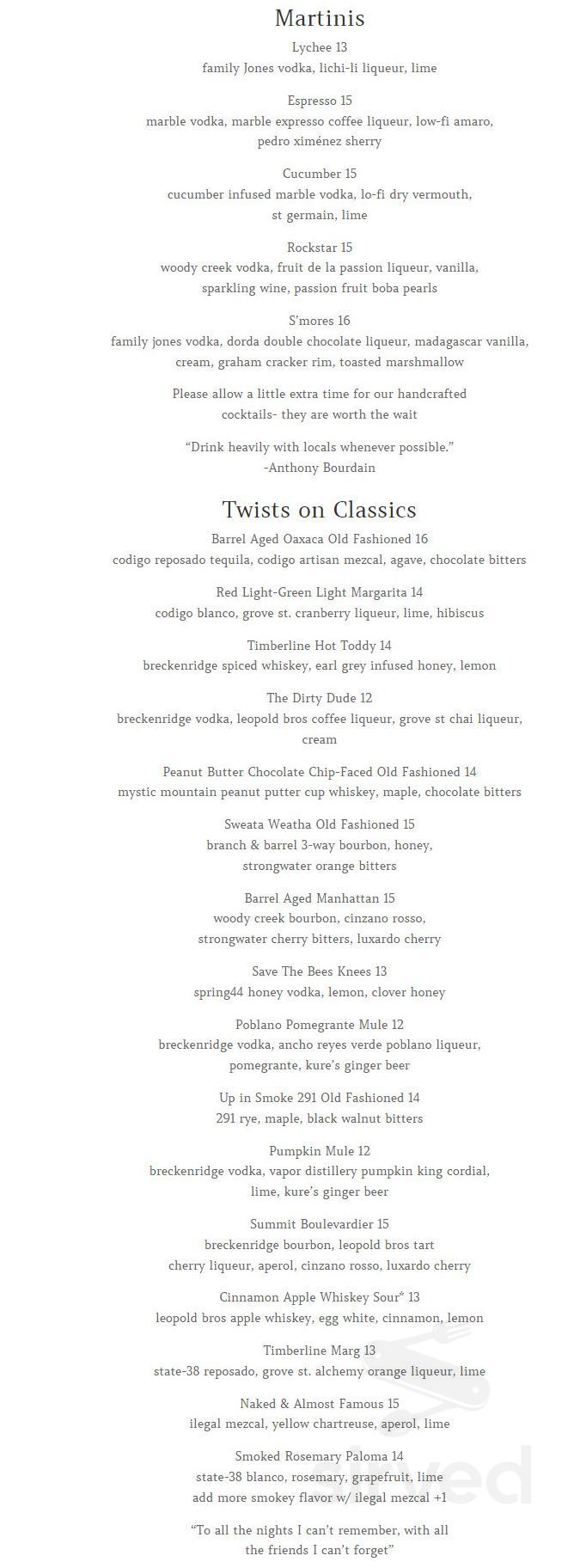 Timberline Craft Kitchen & Cocktails menu in Silverthorne, Colorado, USA