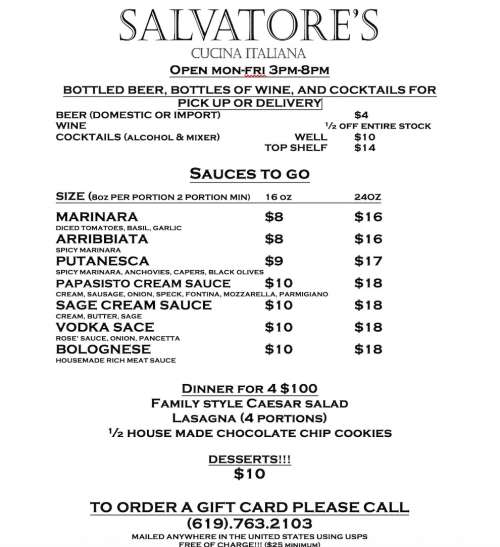Salvatore's Cucina &amp; Lounge menu in San Diego, California, USA