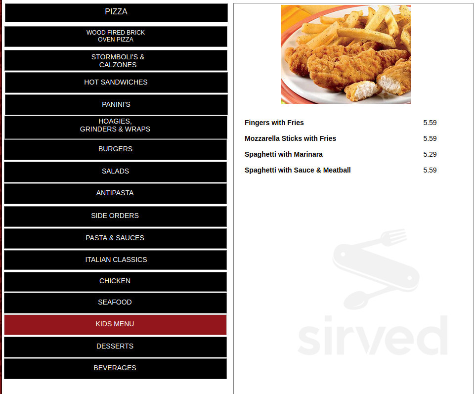 Menu Norristown PA's Rocco's Brick Oven Pizzeria Sirved