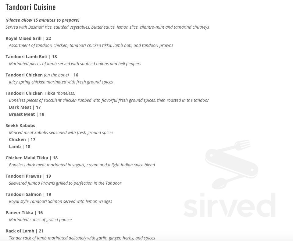 Menu Lynnwood WA's Royal India Fine Dining & Catering Sirved