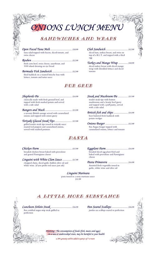 Onions Pub and Restaurant menu in Tilton, New Hampshire, USA