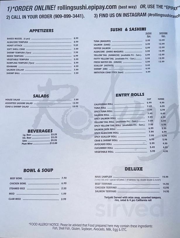 Rolling Sushi menu in Rancho Cucamonga, California, USA