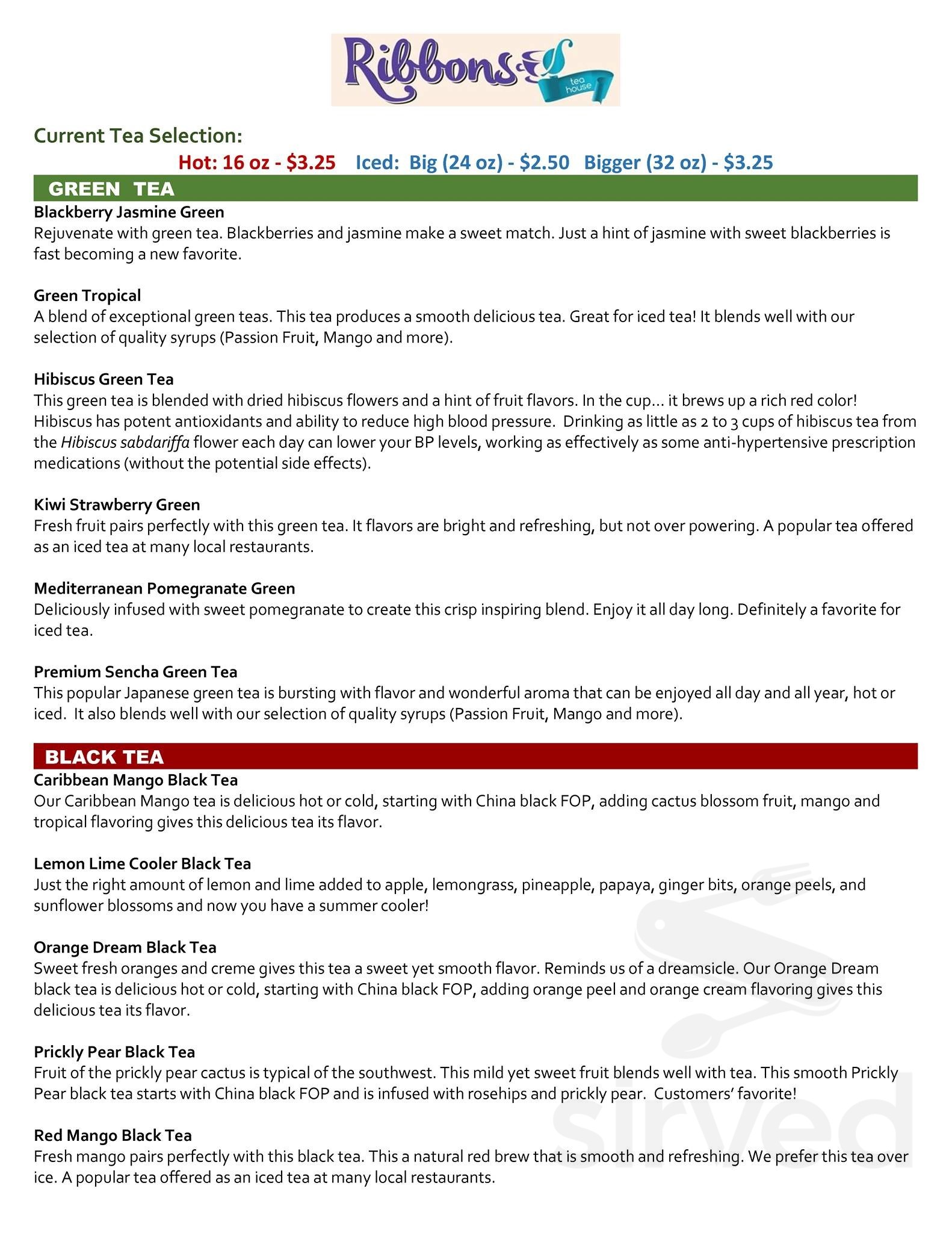 Ribbons Tea House menu in Litchfield Park, Arizona, USA