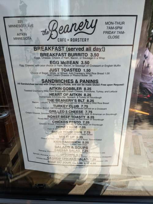 The Beanery Cafe and Roastery menu in Aitkin, Minnesota, USA