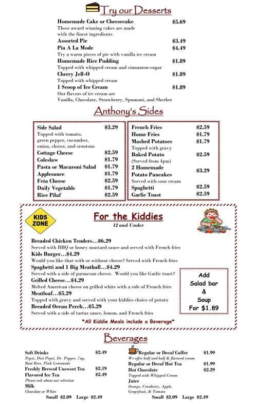 Anthony's Family Restaurant menu in Eastlake, Ohio, USA