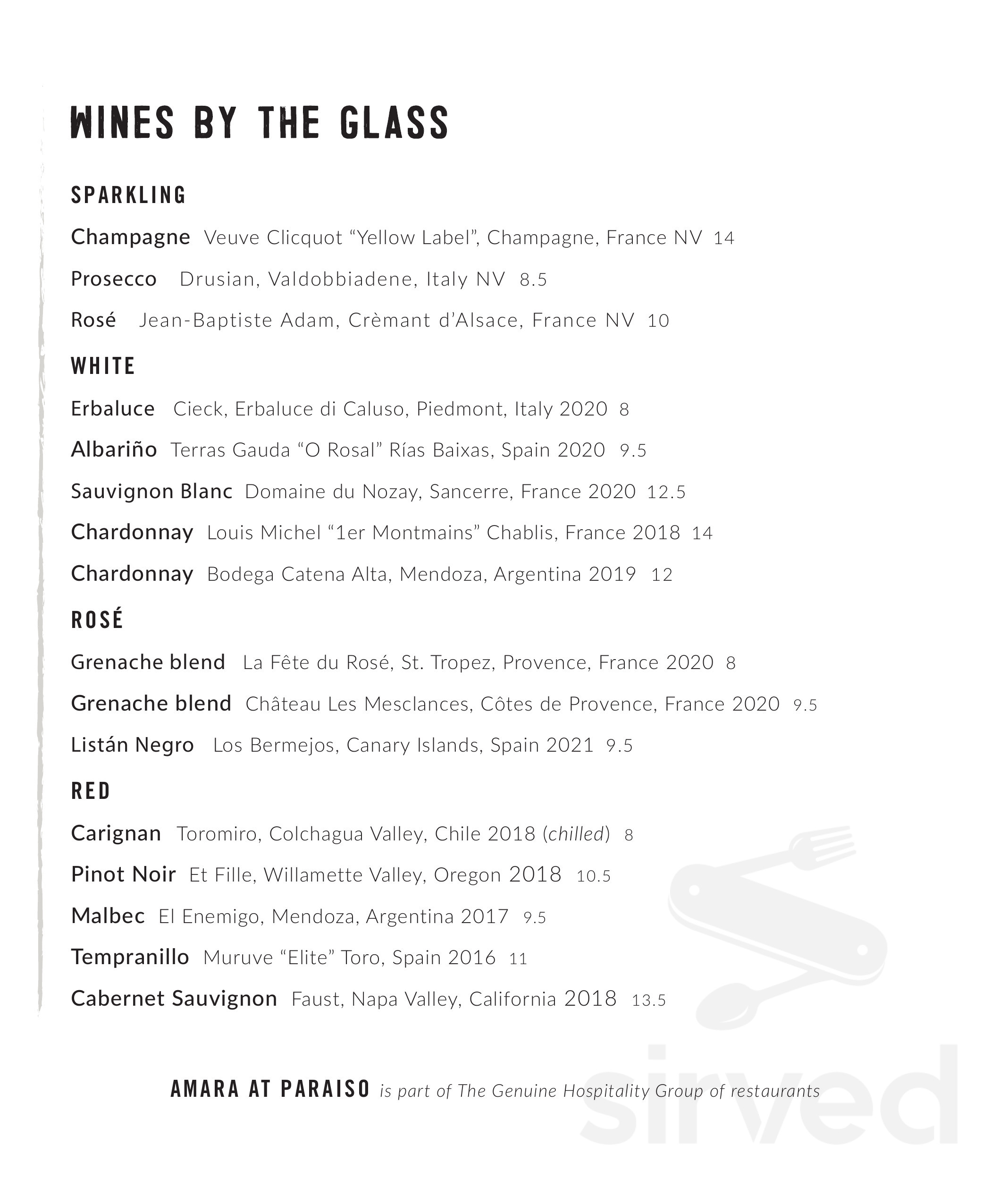 Amara at Paraiso menu in Miami, Florida, USA