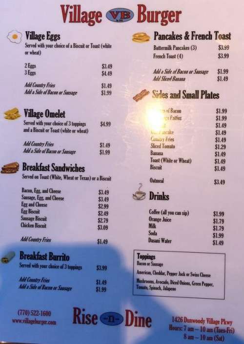 Village Burger menu in Tucker, Georgia, USA