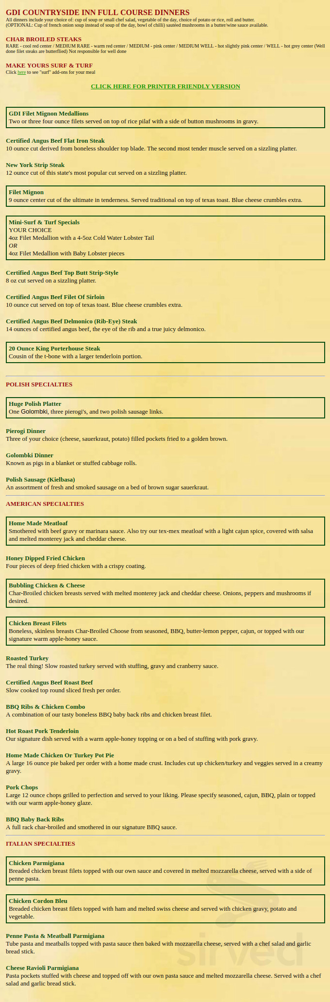 GDI Countryside Inn menus in Alden, New York, United States