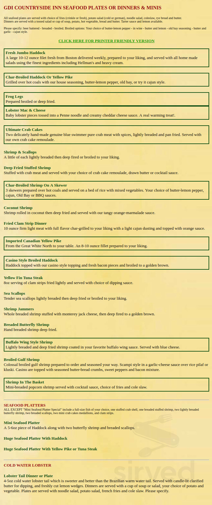 GDI Countryside Inn menus in Alden, New York, United States