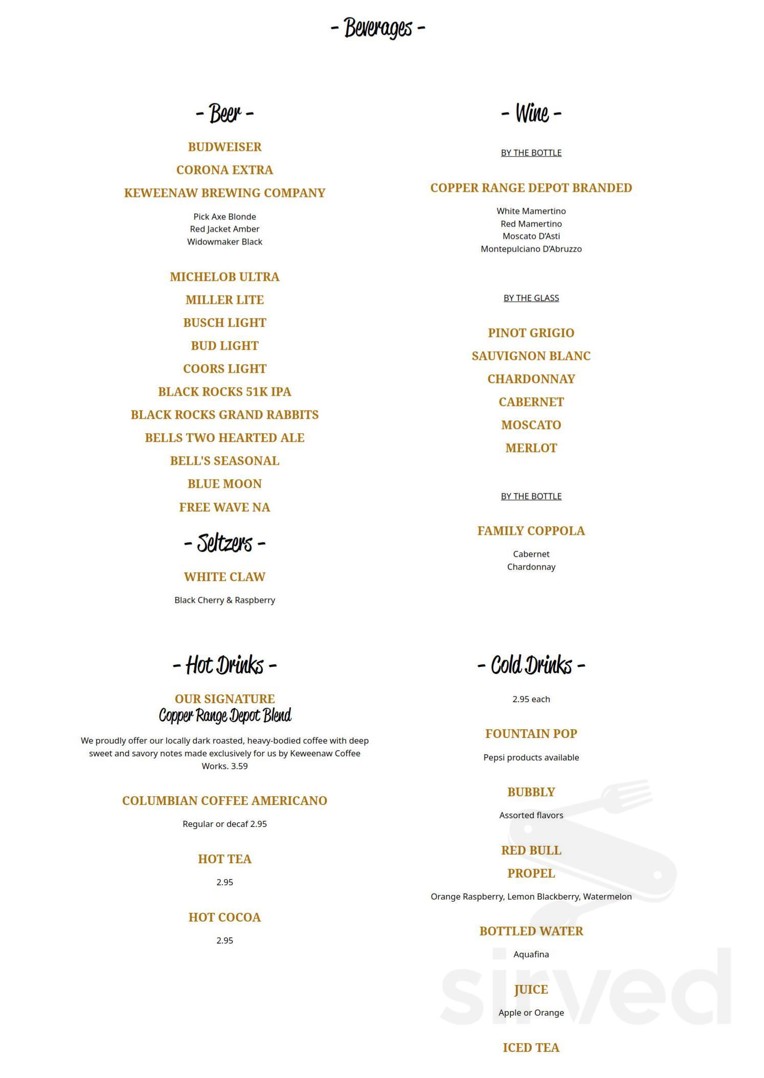 Copper Range Depot Family Restaurant menu in Houghton, Michigan, USA