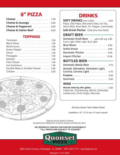 Quonset Pizza menu in Waukegan, Illinois, USA