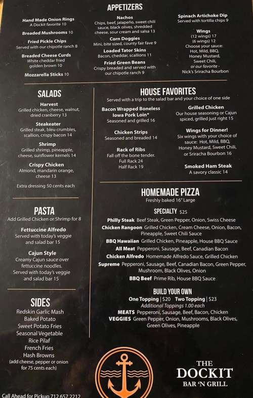 Dockit bar and grill menu in Lake View, Iowa, USA