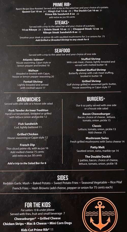 Dockit bar and grill menu in Lake View, Iowa, USA