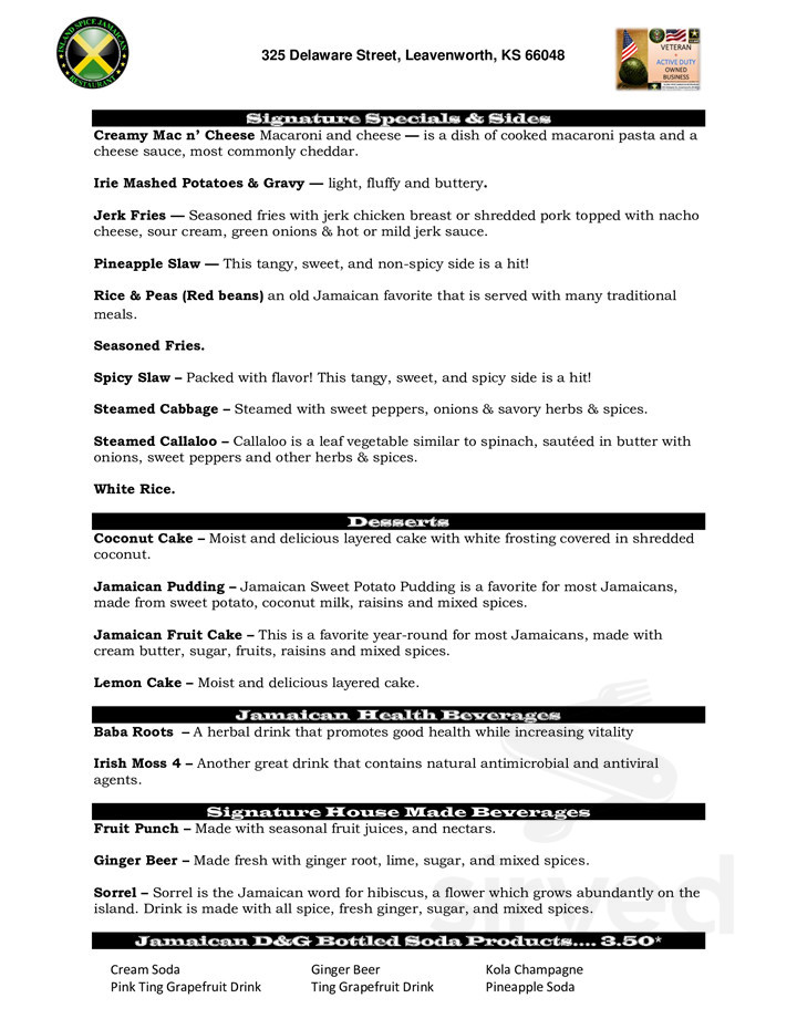 Menu Leavenworth KS's Island Spice Jamaican Restaurant Sirved
