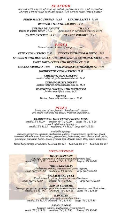 Red Ox Restaurant & Bar menu in Hampshire, Illinois, USA