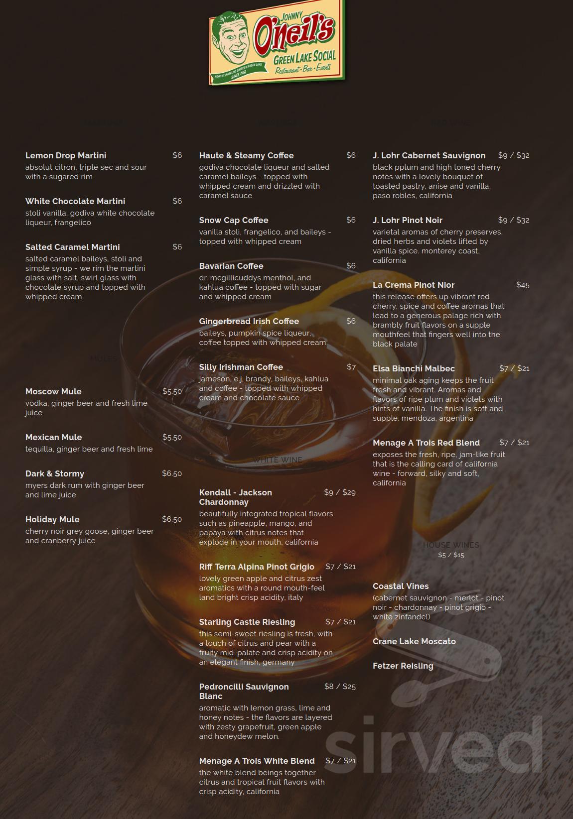 O'Neil's menu in Spicer, Minnesota, USA