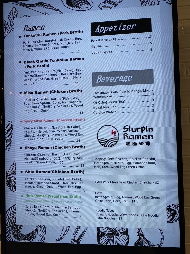 Slurpin Ramen menu in Baltimore, Maryland