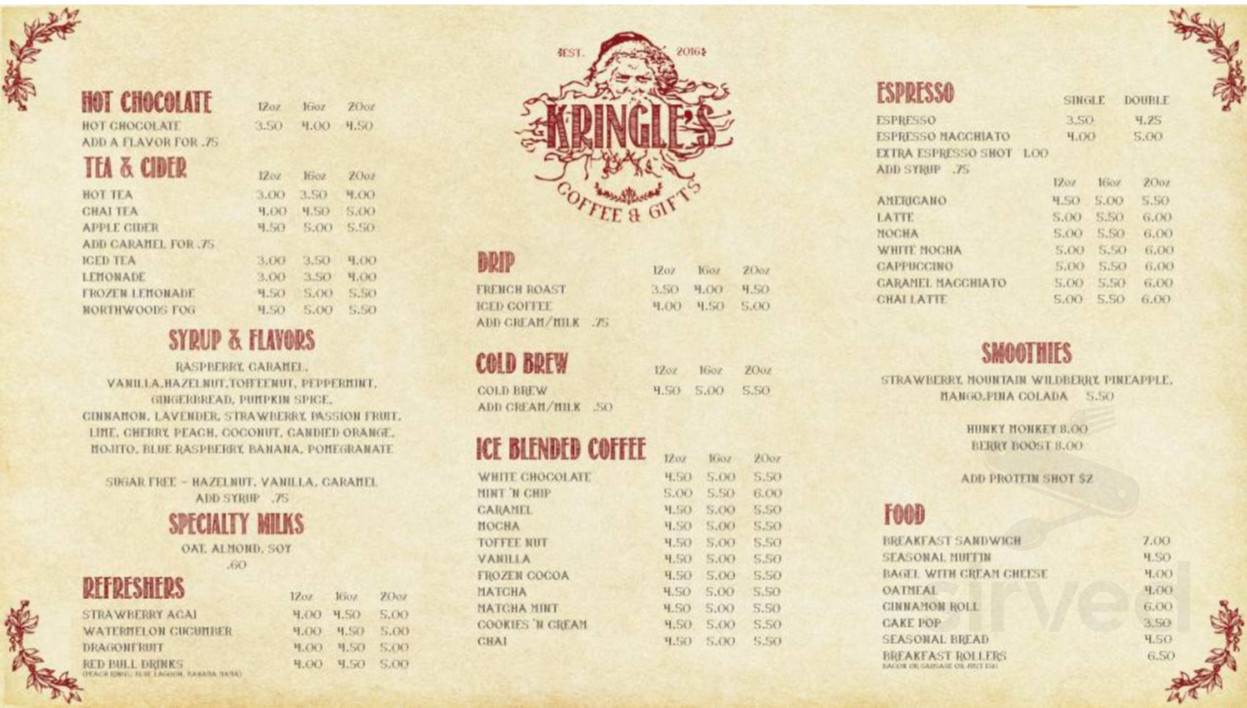 Kringle's Coffee menu in Skyforest, California, USA
