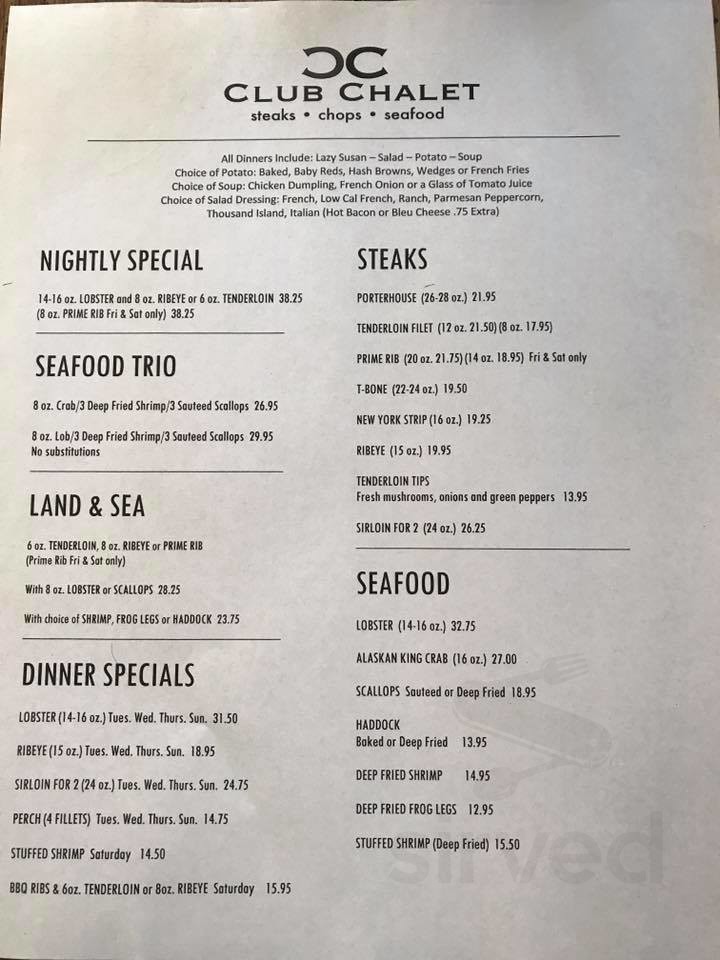 Club Chalet Supper Club menus in Green Bay, Wisconsin, United States
