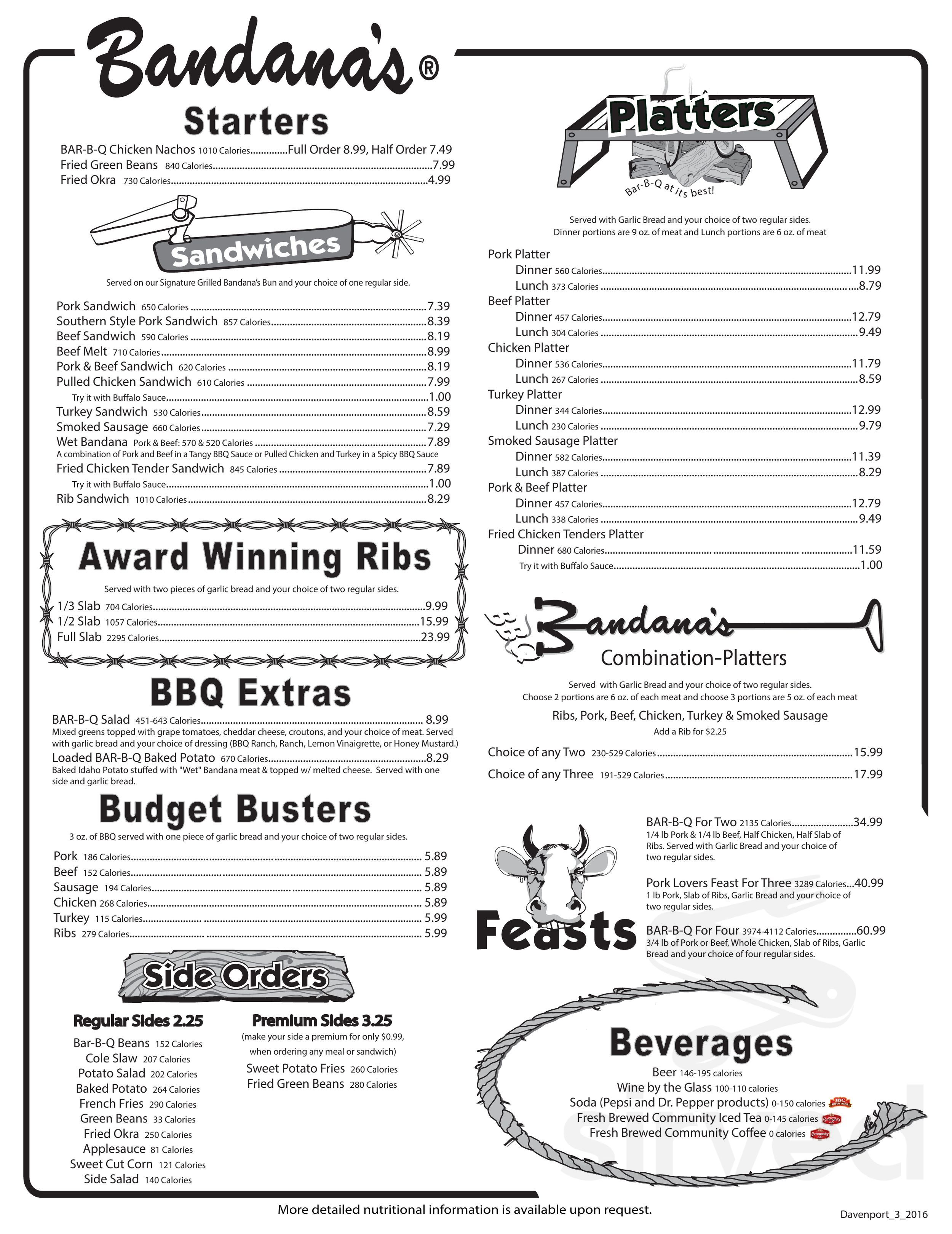Bandanas Bar B Q Menu In Branson Missouri USA