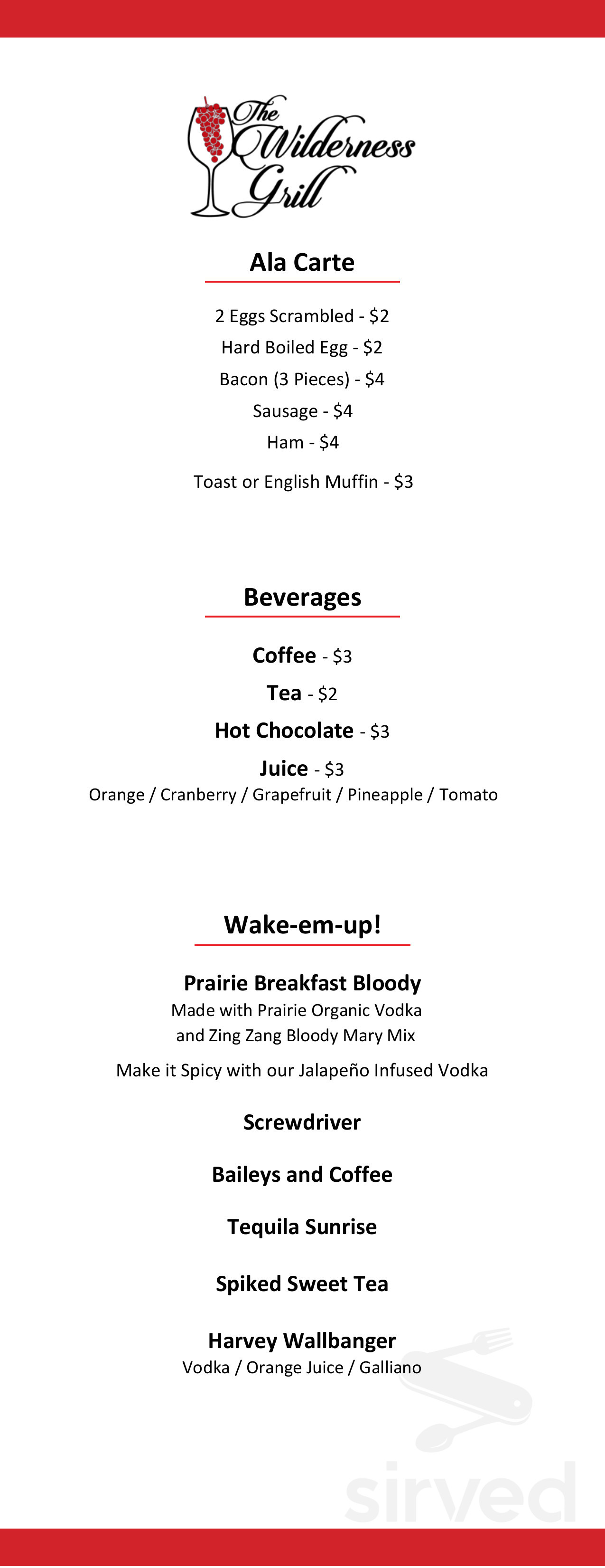 The Wilderness at Fortune Bay breakfast menu in Tower, Minnesota