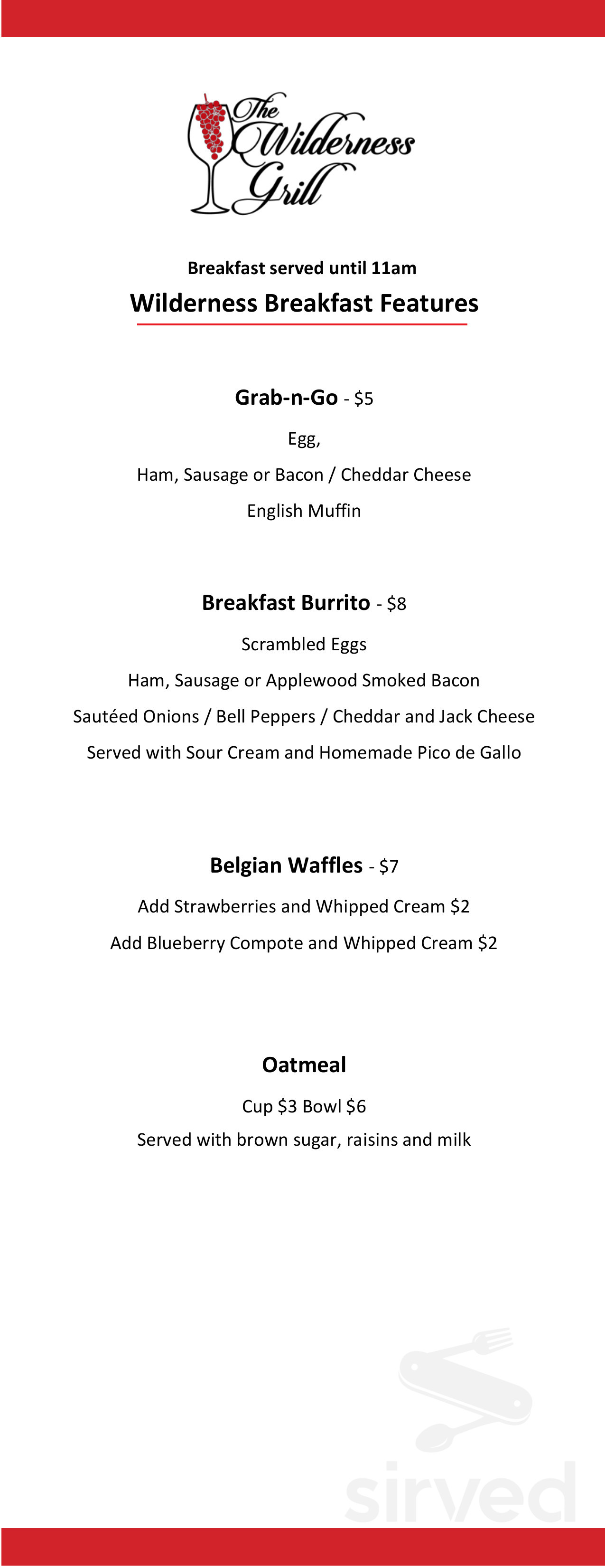 The Wilderness at Fortune Bay breakfast menu in Tower, Minnesota