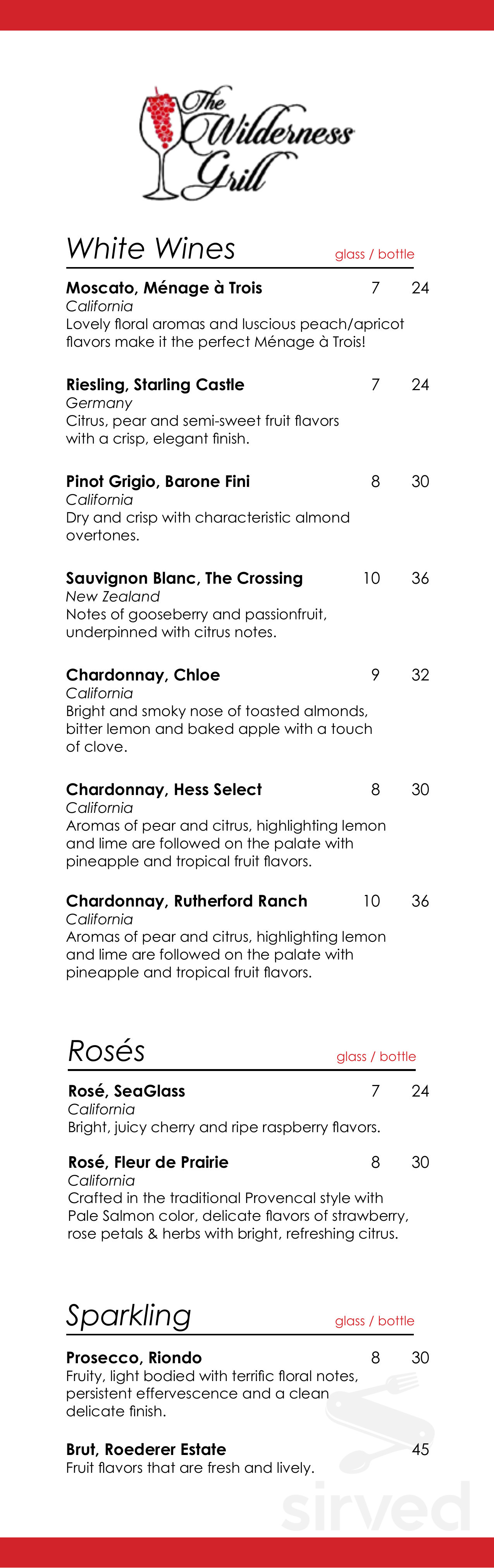 The Wilderness at Fortune Bay drink menu in Tower, Minnesota