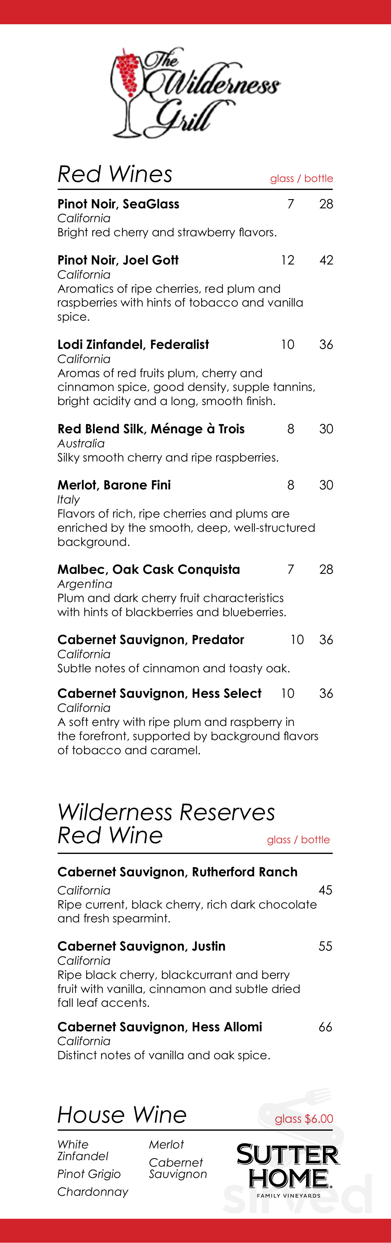 The Wilderness at Fortune Bay drink menu in Tower, Minnesota