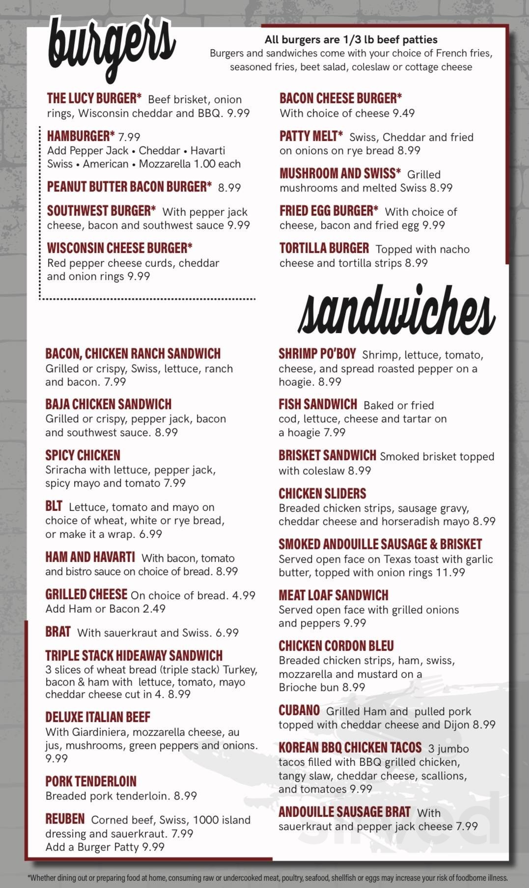 Lucy's Hideaway menu in Milton, Wisconsin, USA