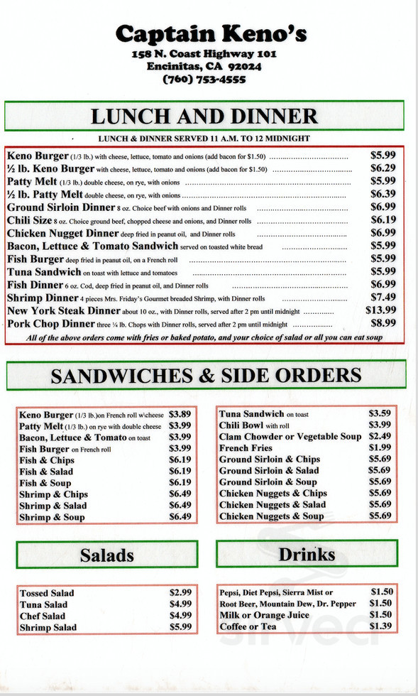 Kenos Menu Captain Keno's Restaurant menus in Encinitas, California, United States