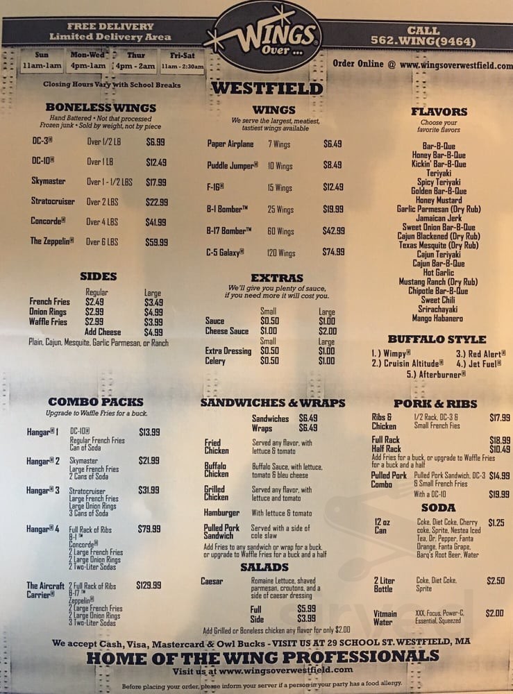 Wings Over Westfield menu in Westfield, Massachusetts