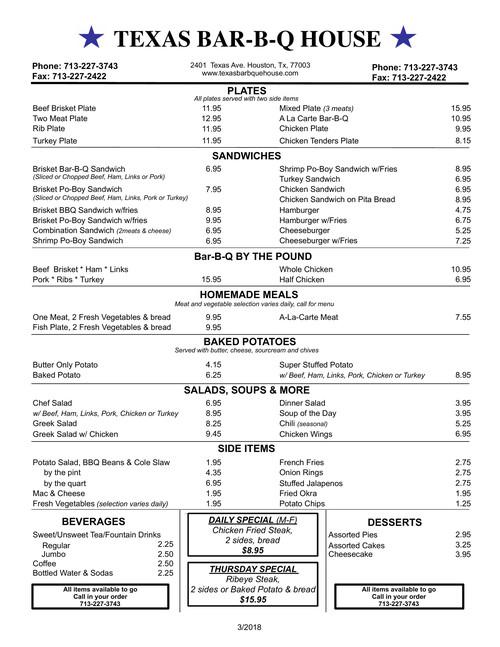 Texas BarBQue House menu in Houston, Texas, USA