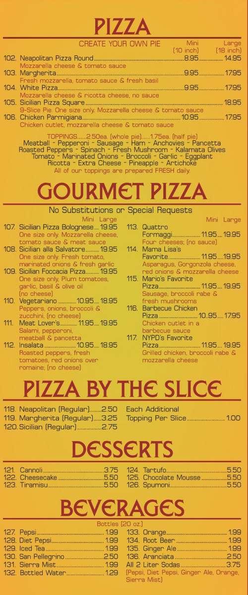 Salvatore's menu in The Bronx, New York, USA