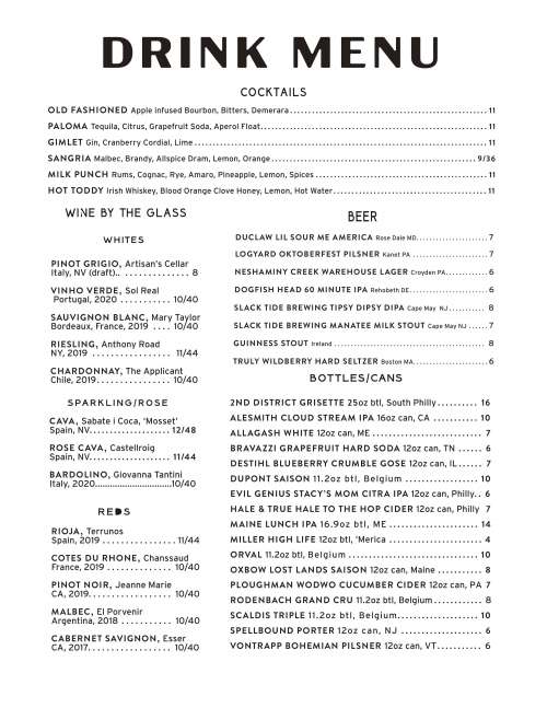 Bridget Foy's menu in Philadelphia, Pennsylvania, USA