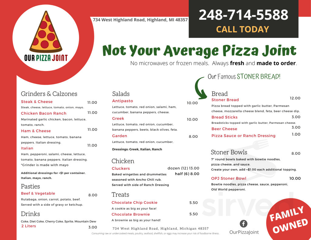 Our Pizza Joint menu in Highland, Michigan, USA