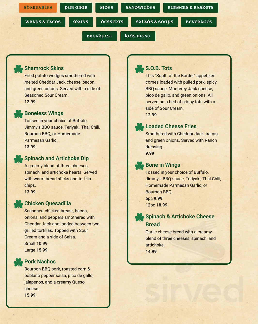 Jimmy's Pour House menu in Sauk Rapids, Minnesota, USA