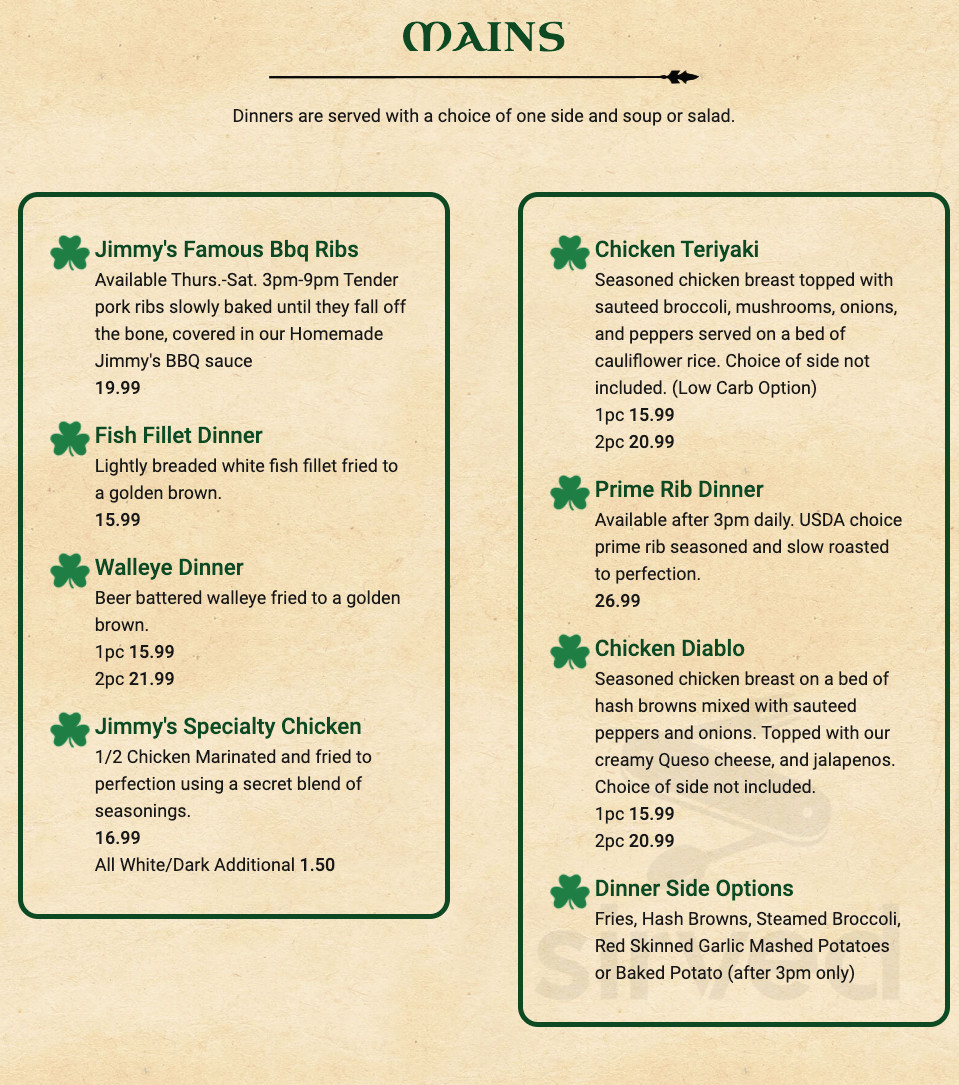 Jimmy's Pour House menu in Sauk Rapids, Minnesota, USA