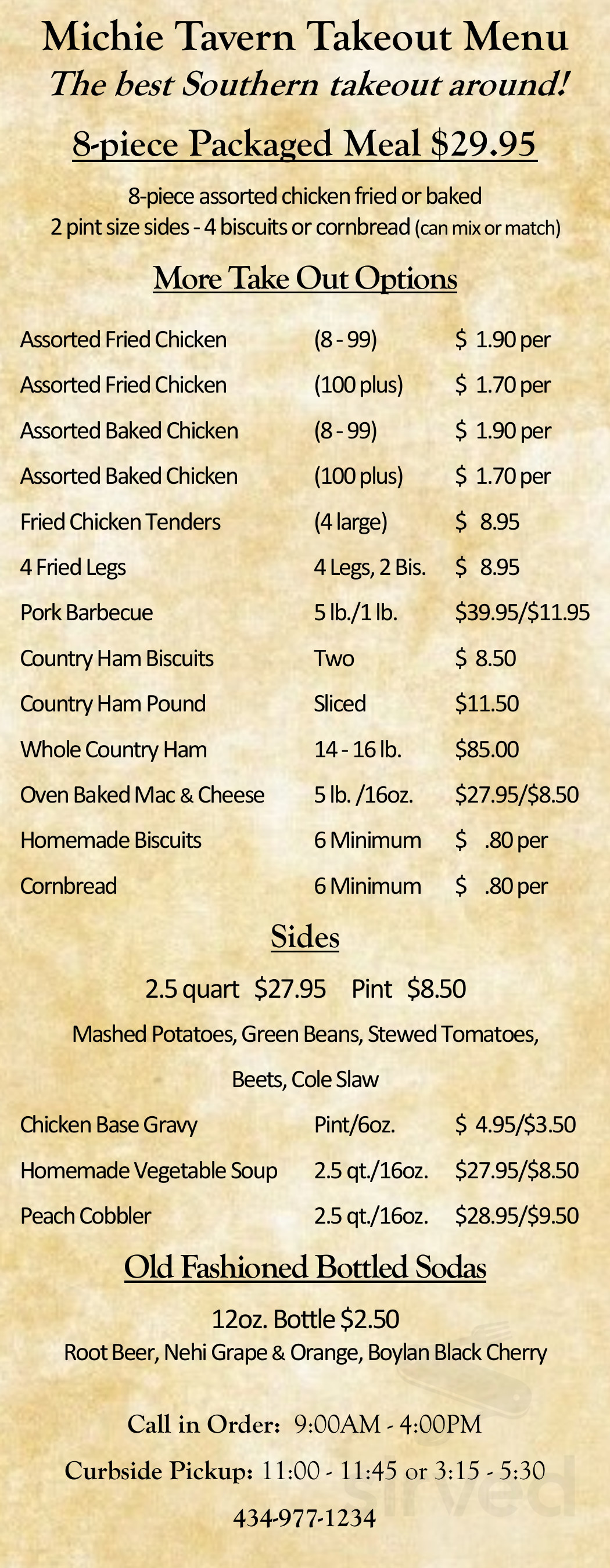 Michie Tavern ca. 1784 menu in Charlottesville, Virginia, USA