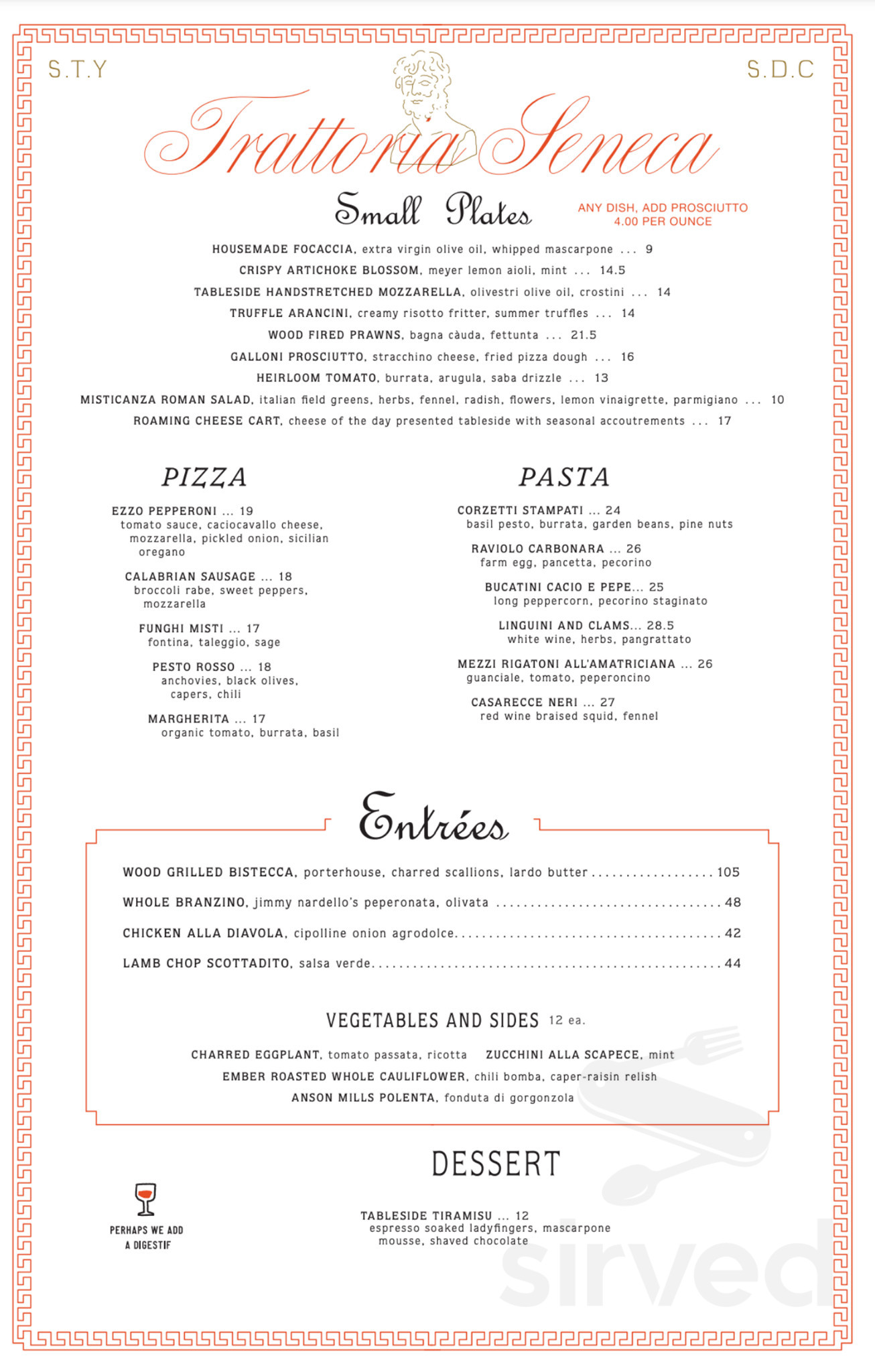 Menu for Seneca Trattoria in San Diego, CA | Sirved