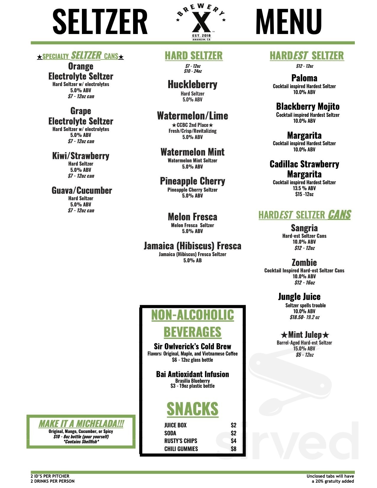 Pizza X menu in Anaheim, California, USA