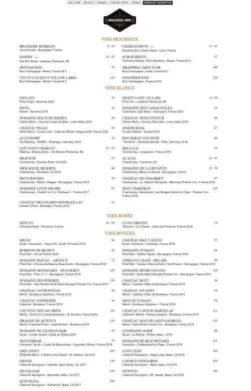 Brasserie Amie menu in Traverse City, Michigan, USA