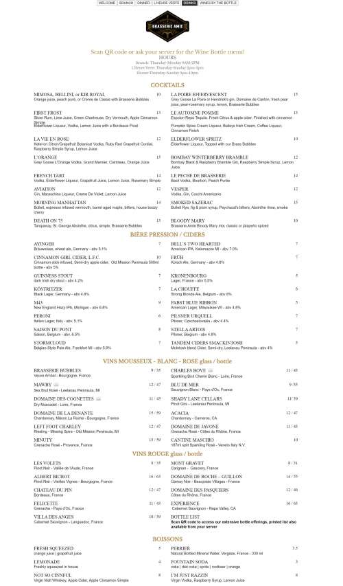 Brasserie Amie menu in Traverse City, Michigan, USA