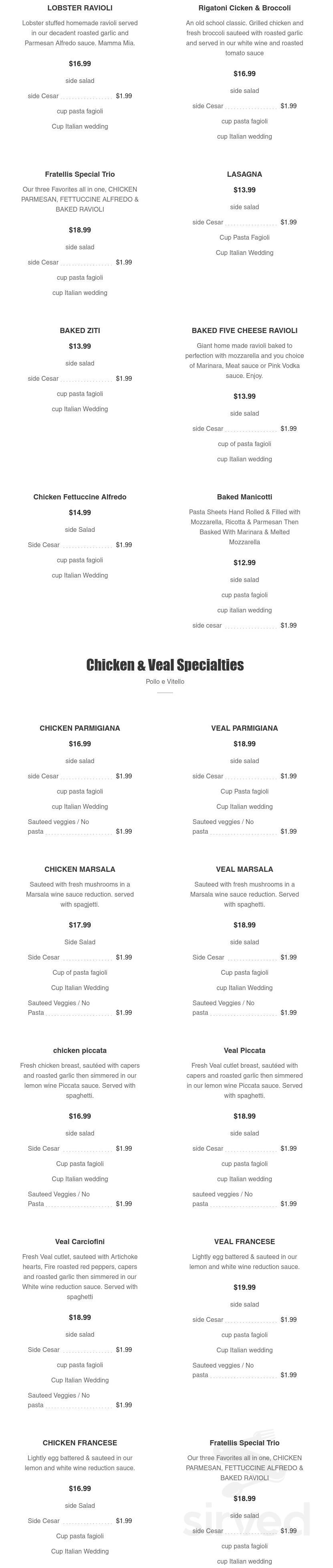 Fratellis Pizza Pasta & Vino menu in Deerfield Beach, Florida, USA