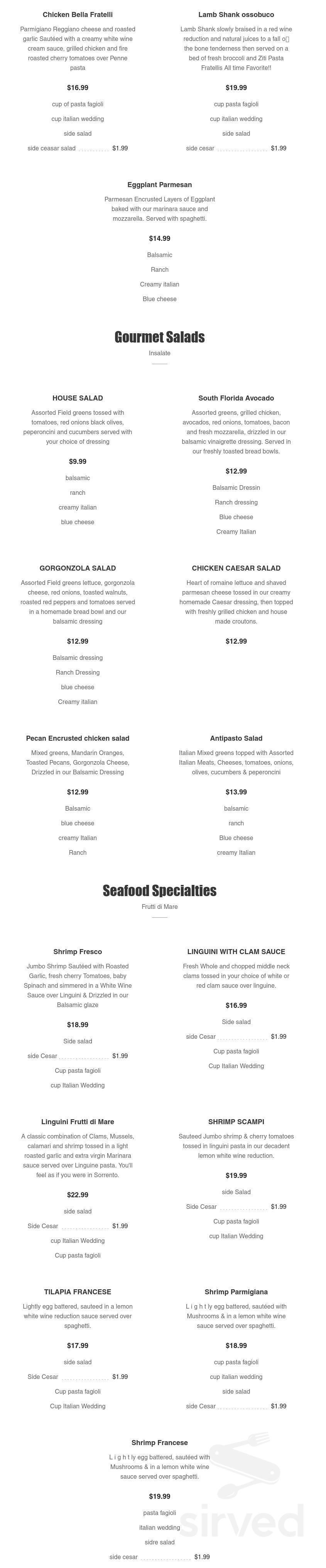 Fratellis Pizza Pasta & Vino menu in Deerfield Beach, Florida, USA