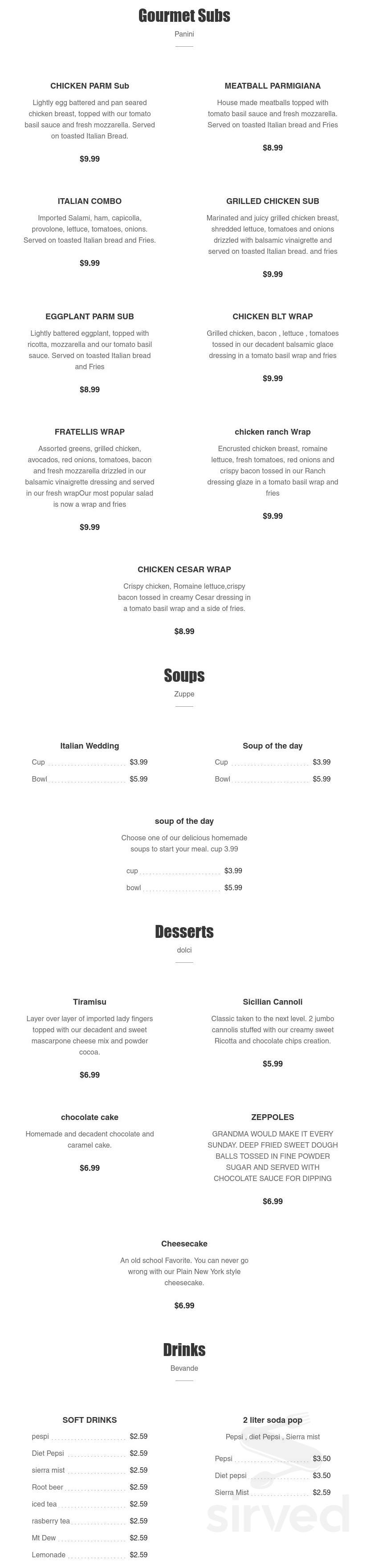 Fratellis Pizza Pasta & Vino menu in Deerfield Beach, Florida, USA