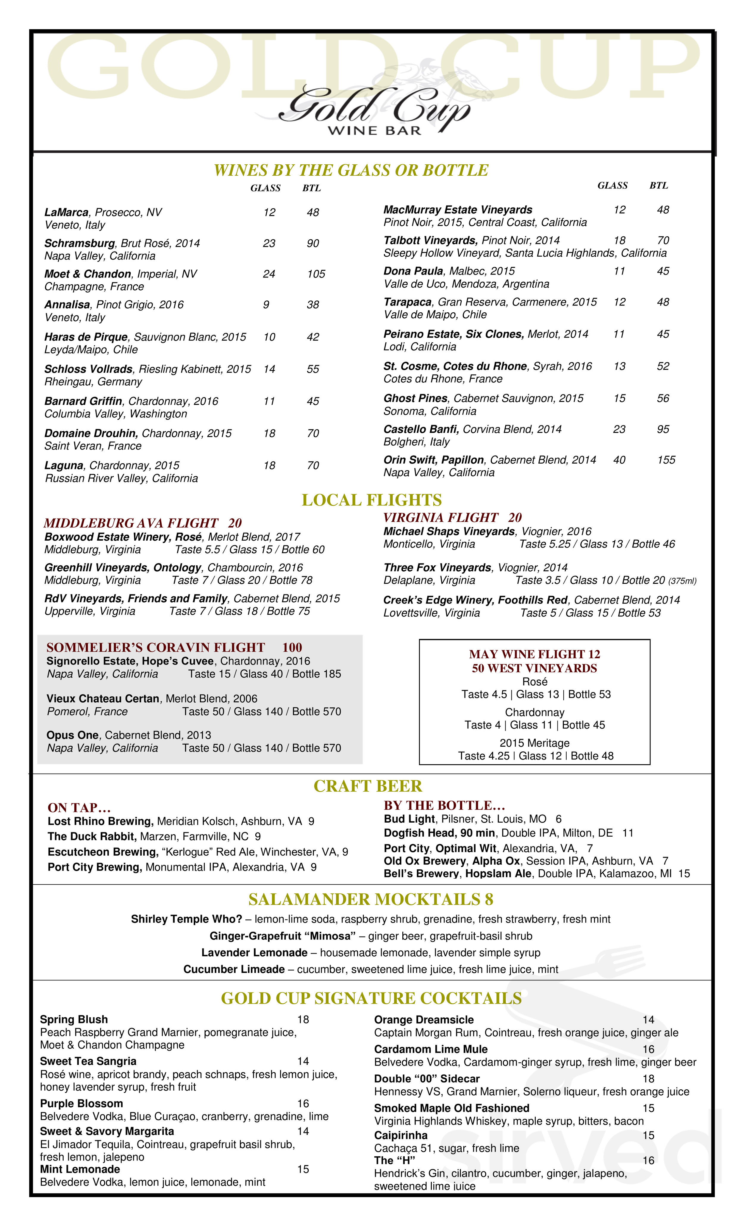 Gold Cup Wine Bar menu in Middleburg, Virginia