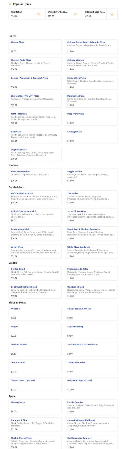 Gravel Bar at Wanderoo Lodge menu in Eureka Springs, Arkansas, USA