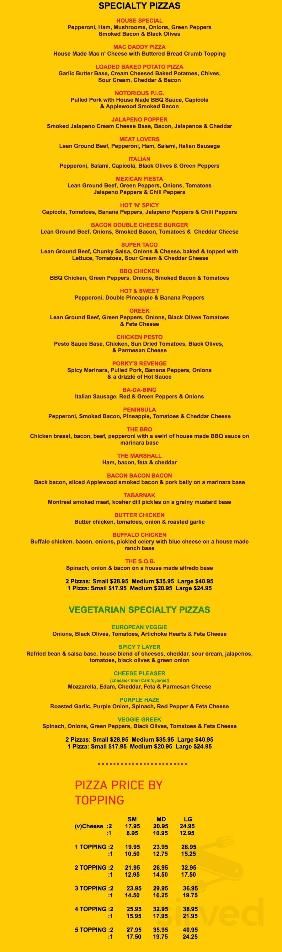 Peninsula Pizza menu in Saanichton, British Columbia