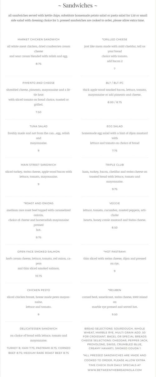 Between the Bread menu in New Orleans, Louisiana, USA