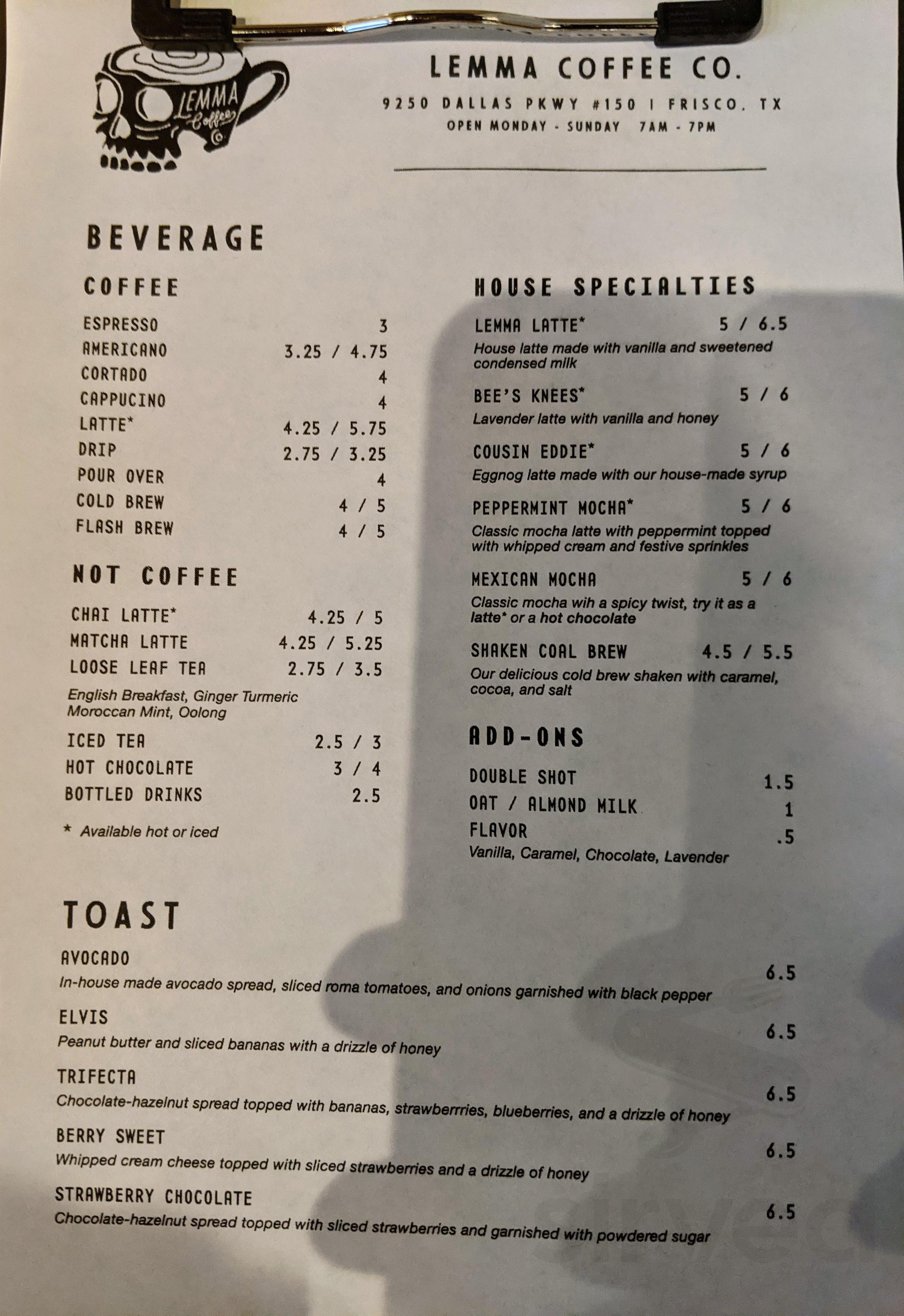 Lemma Coffee Co menu in Frisco, Texas, USA